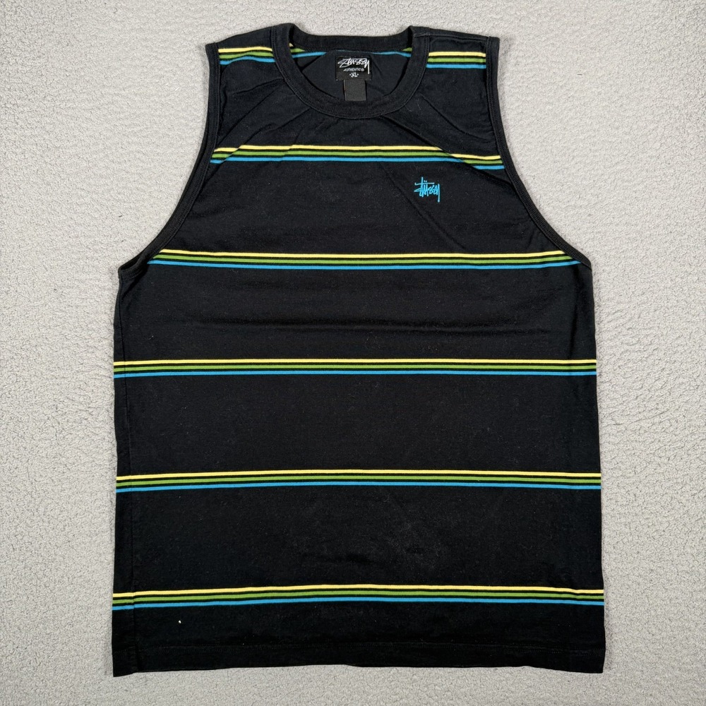 Stussy Tank Top Mens XL Black Striped Sleeveless Shirt Streetwear 100% Cotton